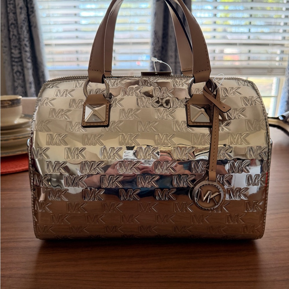 Michael Kors Metallic Silver and Tan Logo Satchel Bag